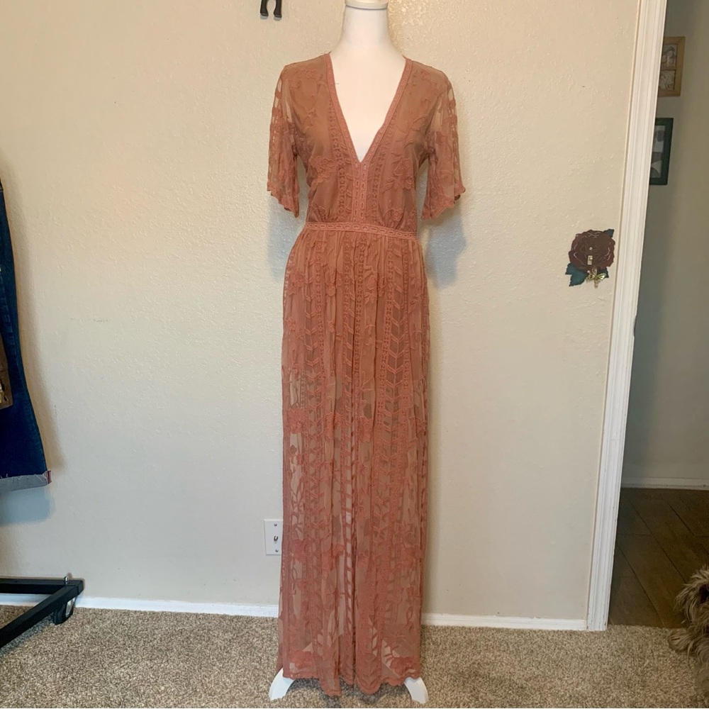 Socialite Nordstrom Lace Overlay Romper Boho Maxi Dress Dusty Pink Size Large - Picture 2 of 16